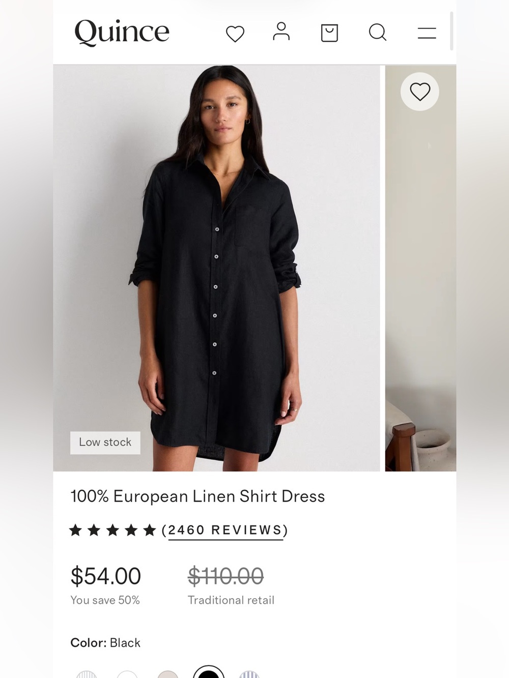 Quince Black 100% European Linen Long Sleeve Shirt Dress M